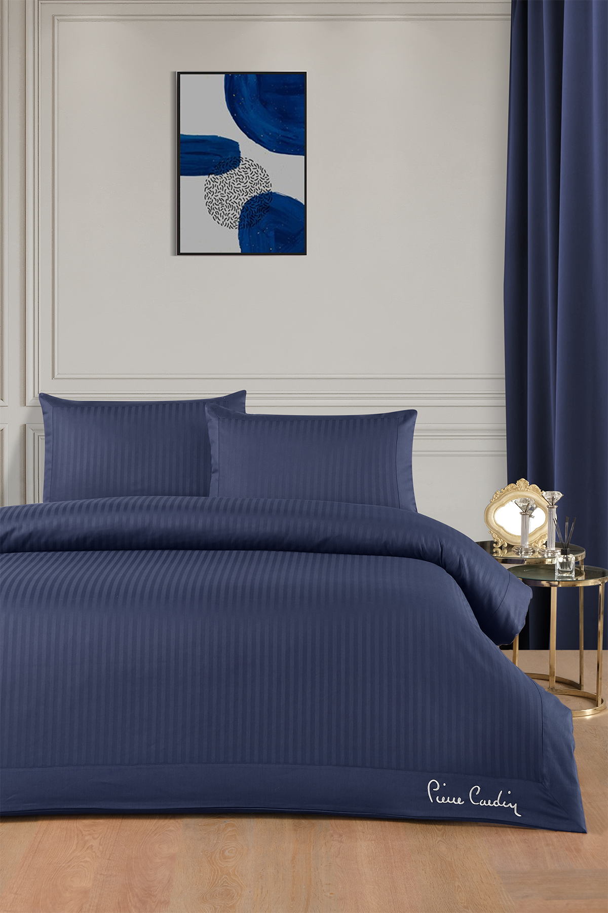 Pierre Cardin Çizgİli Saten Nevresim Takım Çift Kişilik Logo İndigo