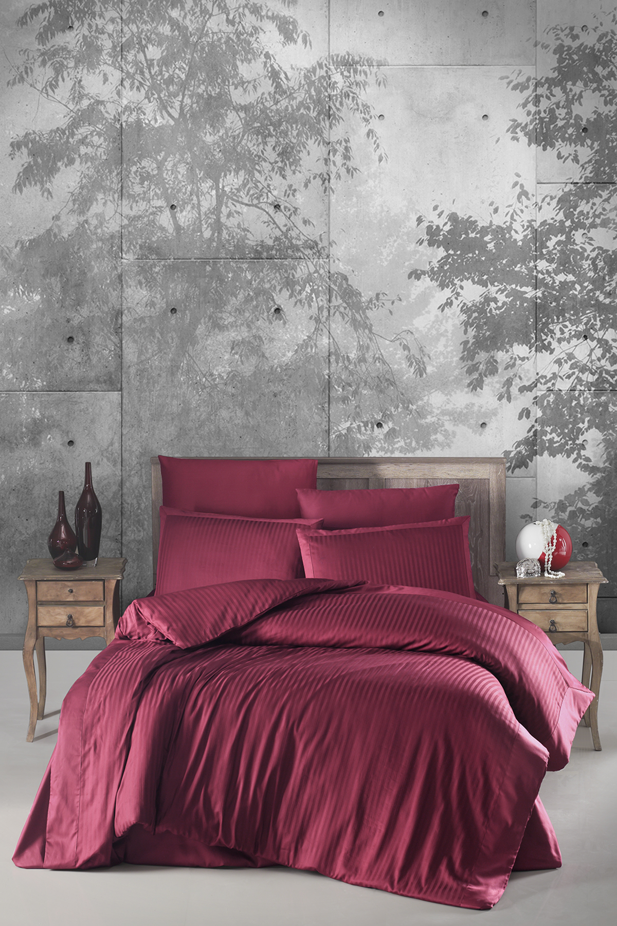 Pierre Cardin Çizgili Saten Nevresim Takımı Çift Kişilik Bordo