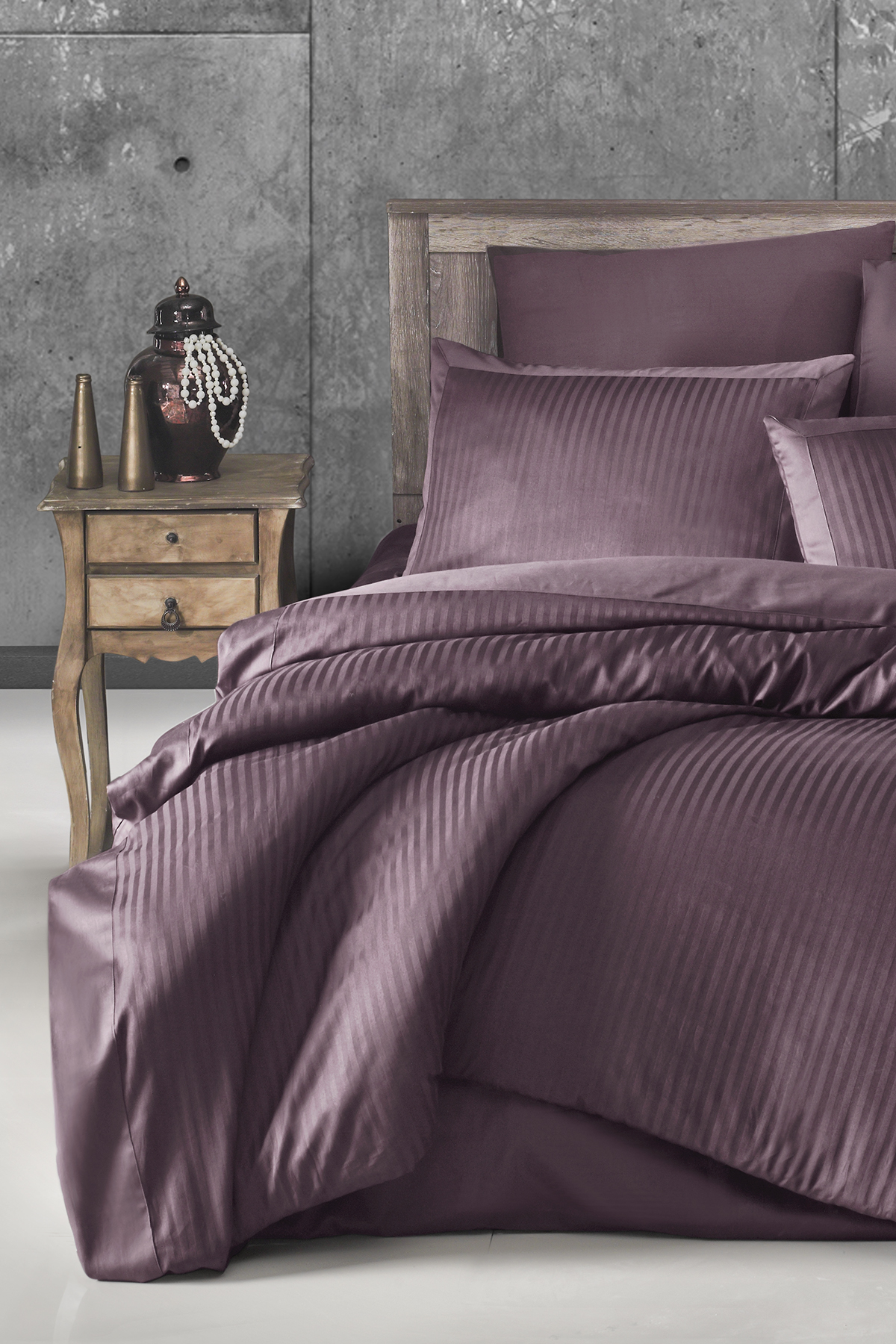 Pierre Cardin Çizgili Saten Nevresim Takımı Çift Kişilik Deco Rose