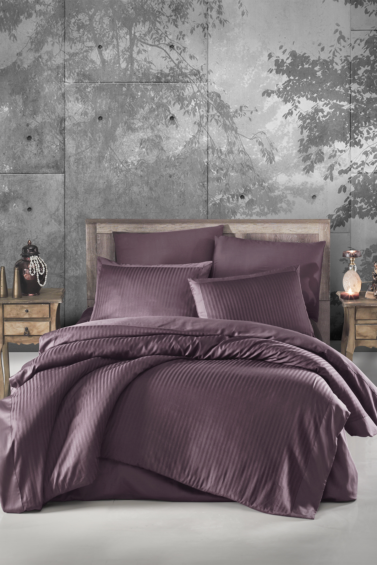 Pierre Cardin Çizgili Saten Nevresim Takımı Çift Kişilik Deco Rose