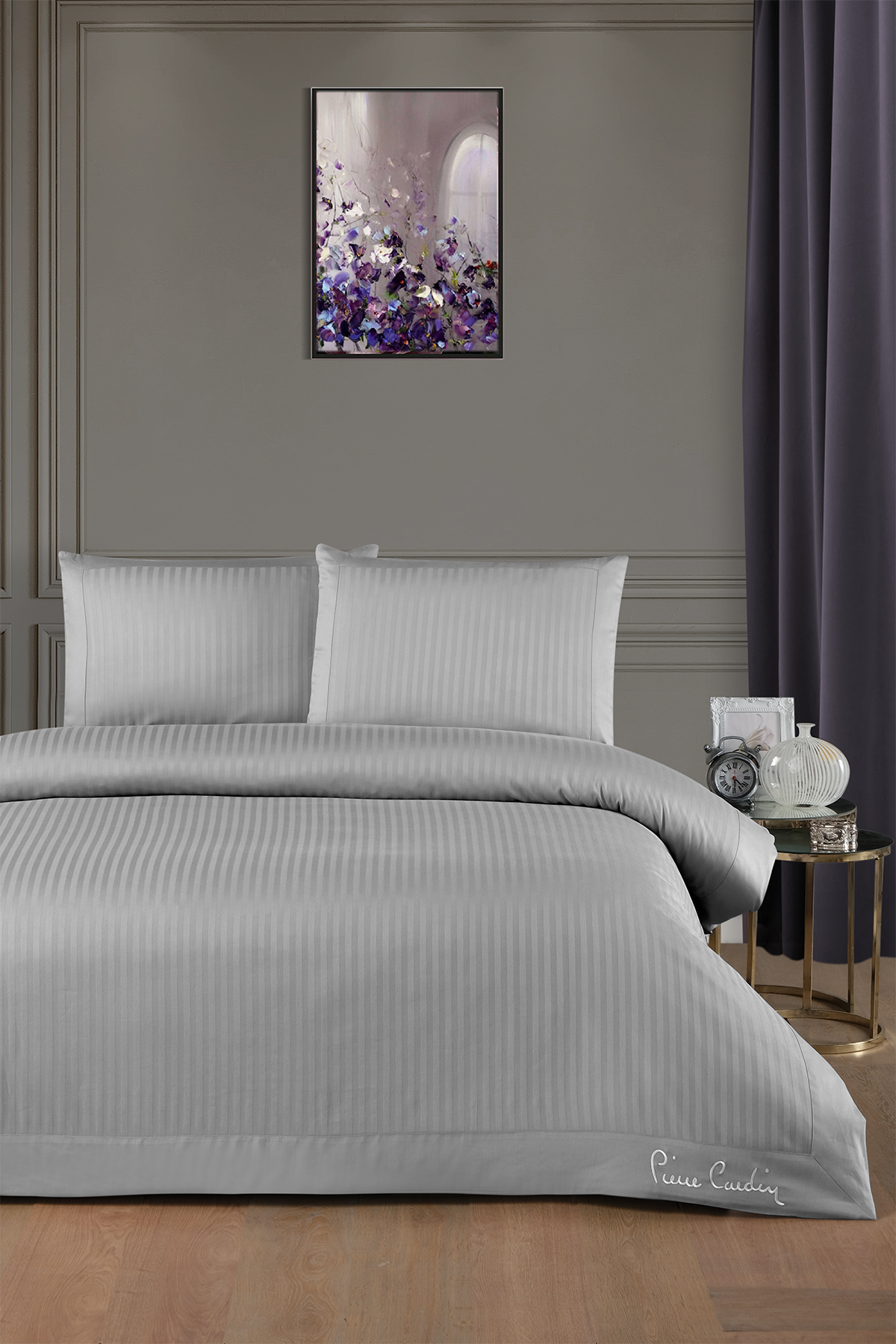 Pierre Cardin Çizgili Saten Nevresim Takımı Çift Kişilik Logo Gri