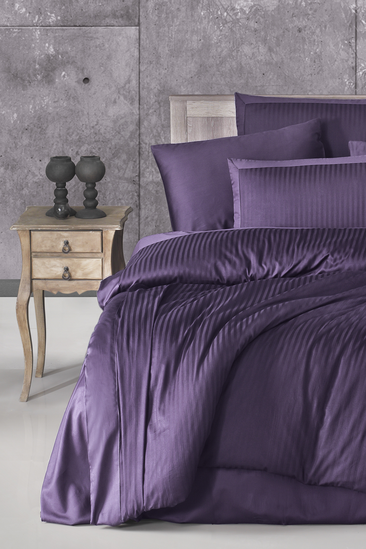 Pierre Cardin Çizgili Saten Nevresim Takımı Çift Kişilik Mürdüm