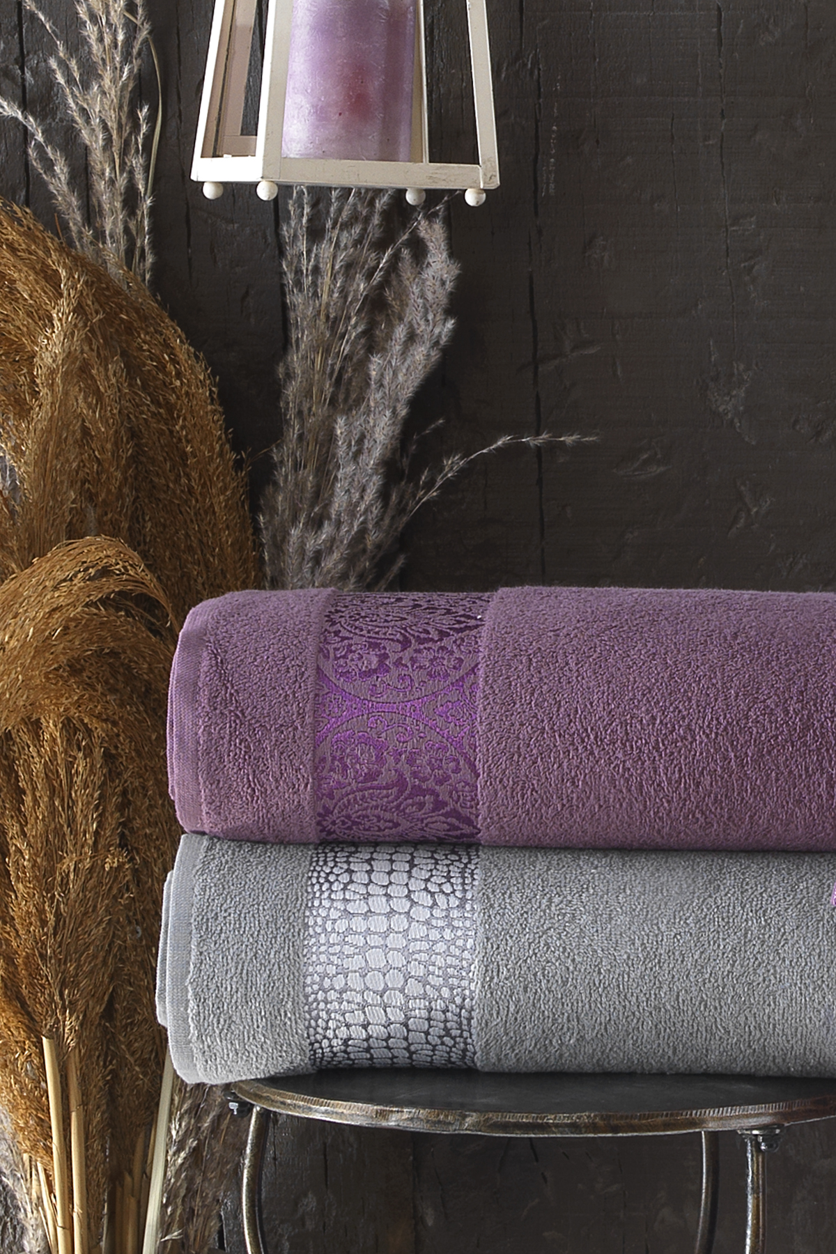Pierre Cardin Damask Jakarlı 4 Parça Aile Bornoz Seti Mürdüm - Gri