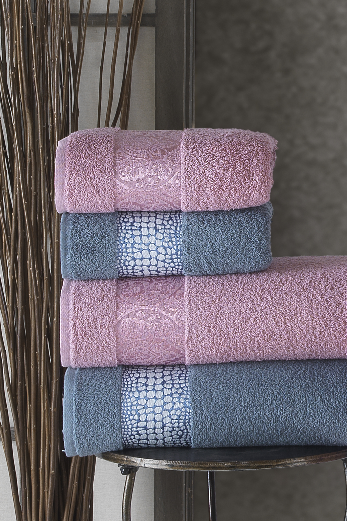 Pierre Cardin Damask Jakarlı Aile Bornoz Seti Deco Rose - İndigo