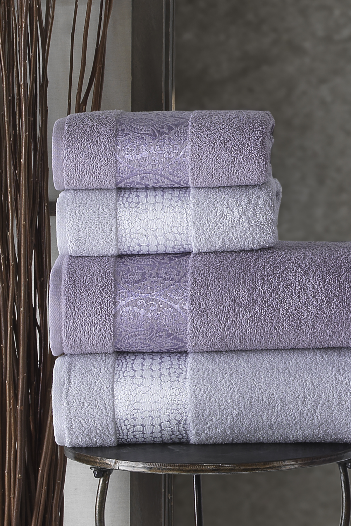 Pierre Cardin Damask Jakarlı Aile Bornoz Seti Lila - Açık Gri