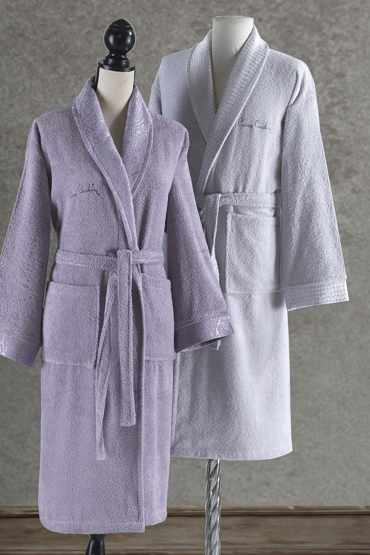 Pierre Cardin Damask Jakarlı Aile Bornoz Seti Lila - Açık Gri