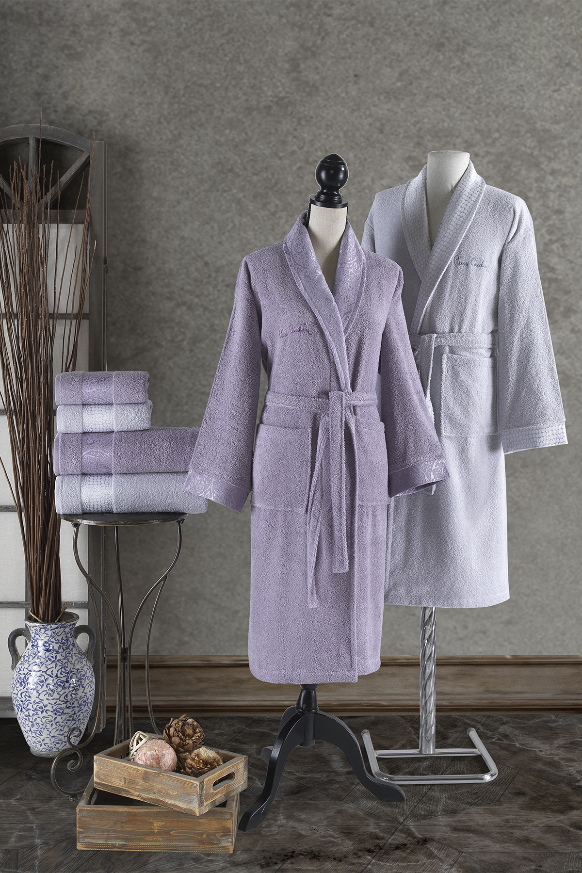 Pierre Cardin Damask Jakarlı Aile Bornoz Seti Lila - Açık Gri