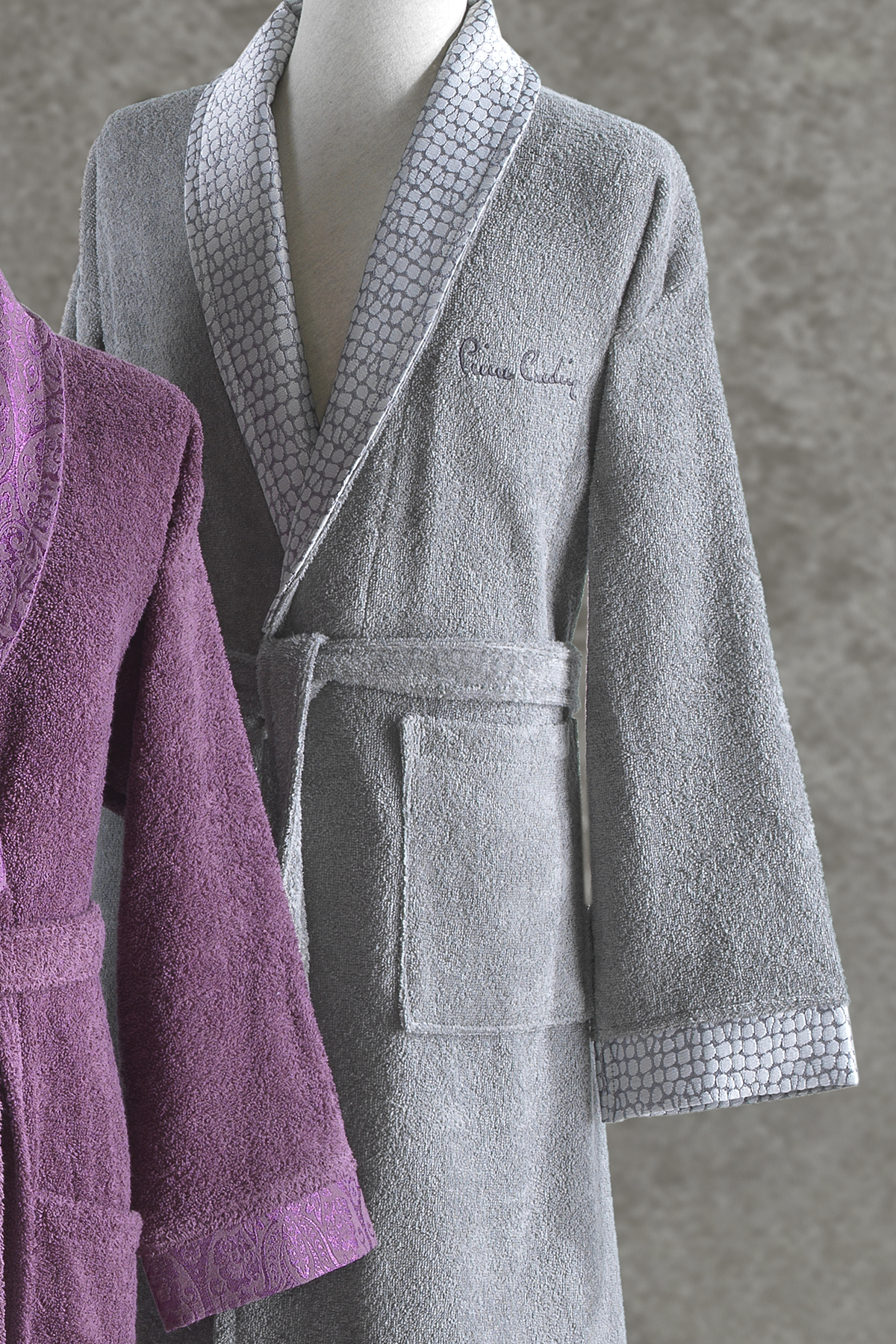 Pierre Cardin Damask Jakarlı Aile Bornoz Seti Mürdüm - Gri