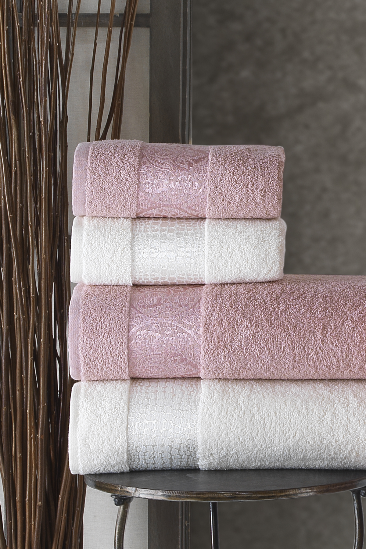 Pierre Cardin Damask Jakarlı Aile Bornoz Seti Pudra - Krem