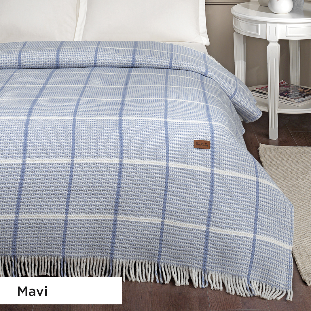 Pierre Cardin Ekose Pamuk Battaniye Çift Kişilik 180x220 cm Mavi