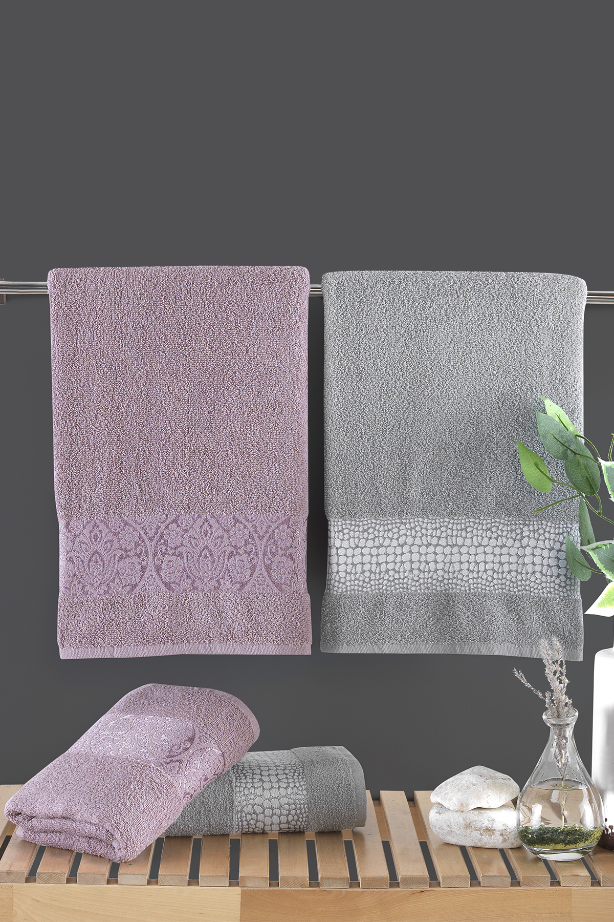 Pierre Cardin Jakarlı Hamam Seti Damask Lila - Gri