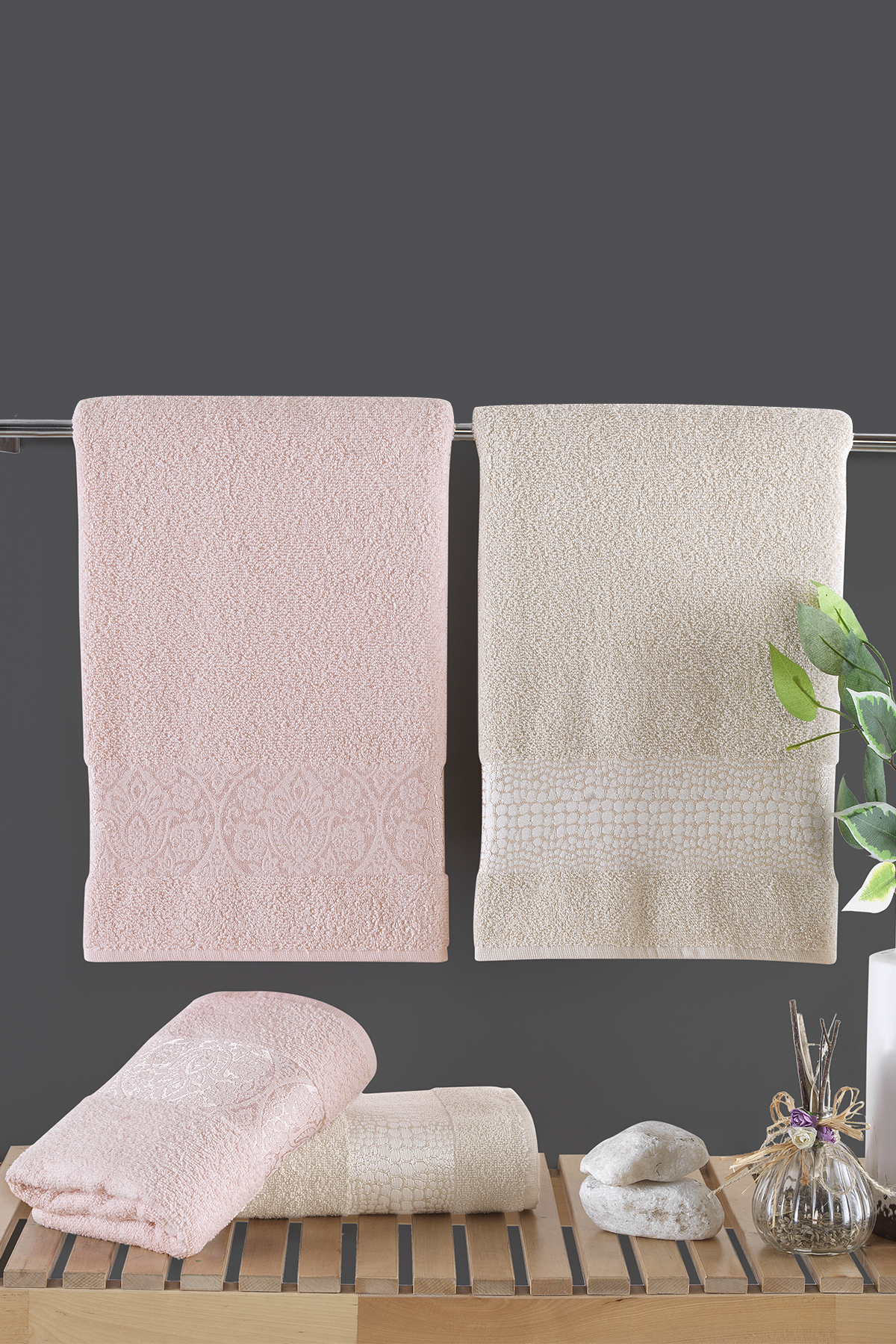 Pierre Cardin Jakarlı Hamam Seti Damask Pembe - Açık Bej