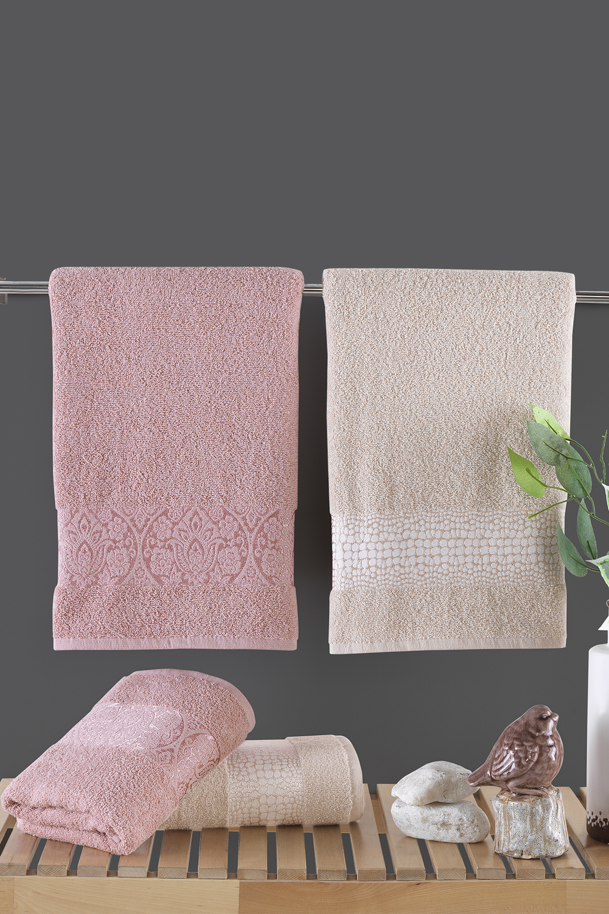 Pierre Cardin Jakarlı Hamam Seti Damask Pudra - Bej