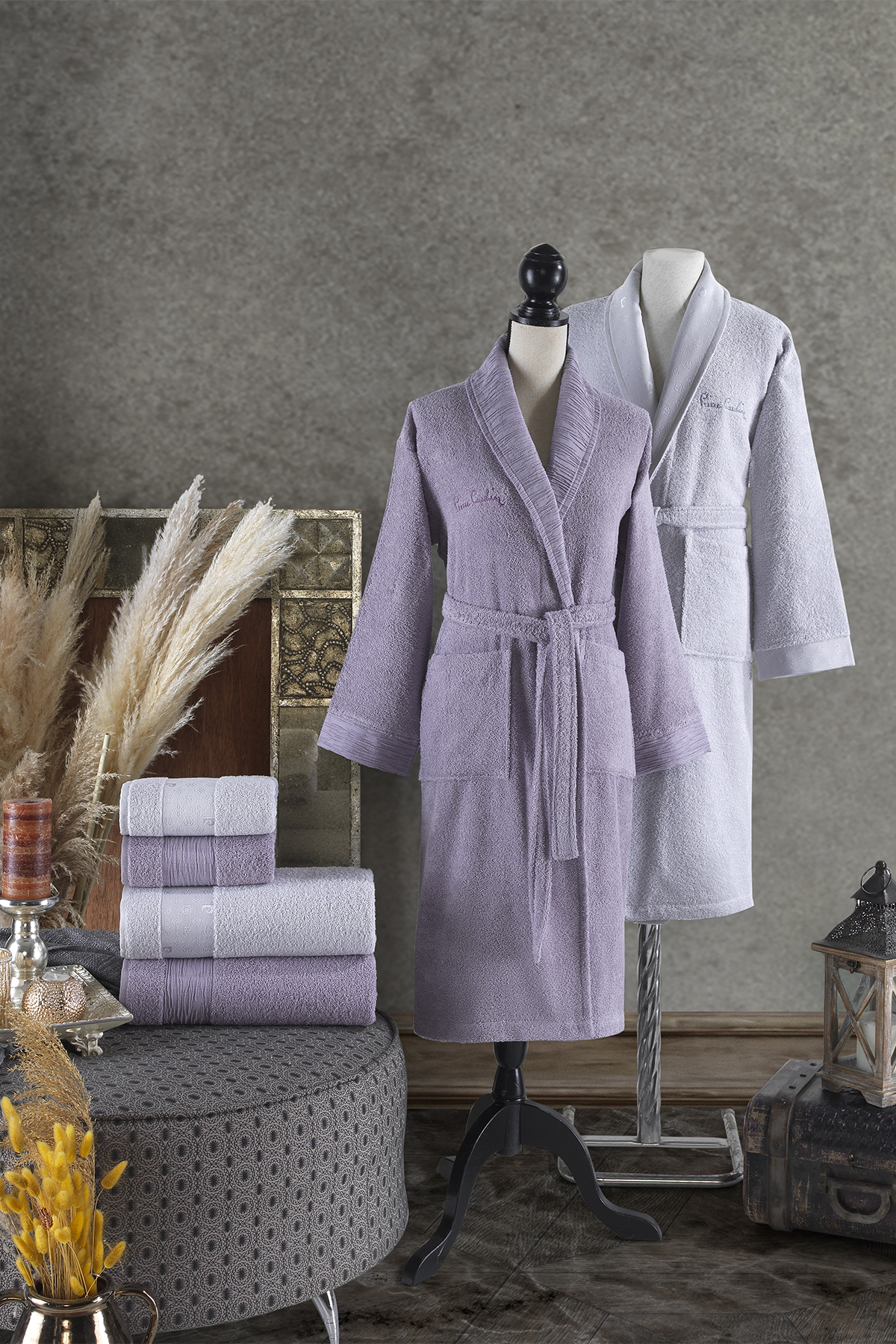 Pierre Cardin Logo Jakarlı Aile Bornoz Seti Lila - Açık Gri
