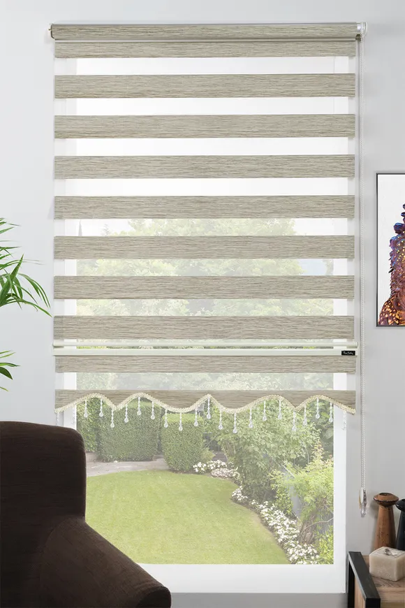 Dilimli Boncuklu Bambu Zebra Perde Açık Ahşap