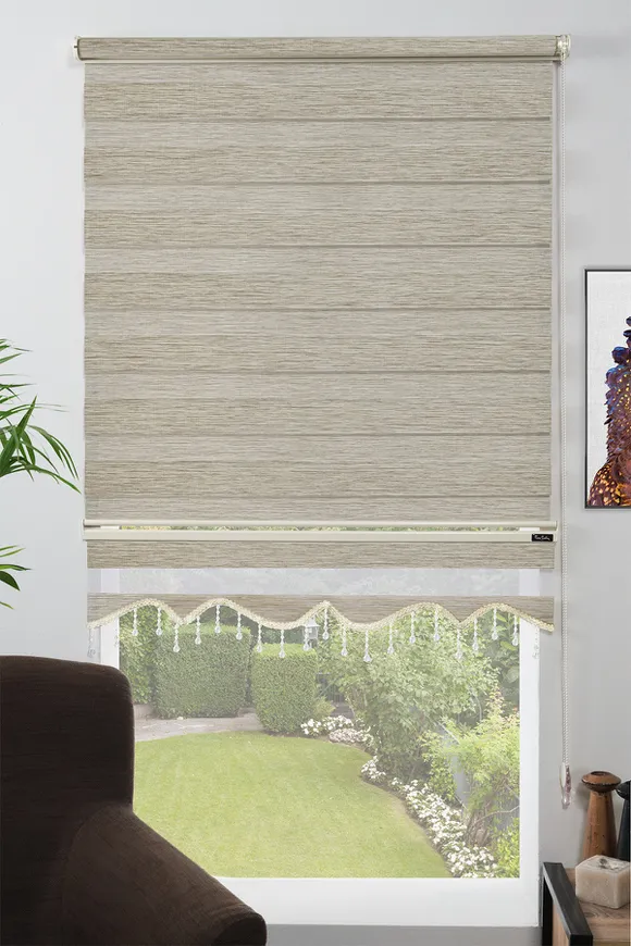 Dilimli Boncuklu Bambu Zebra Perde Açık Ahşap