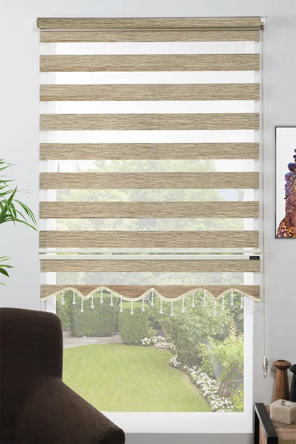 Dilimli Boncuklu Bambu Zebra Perde Ahşap