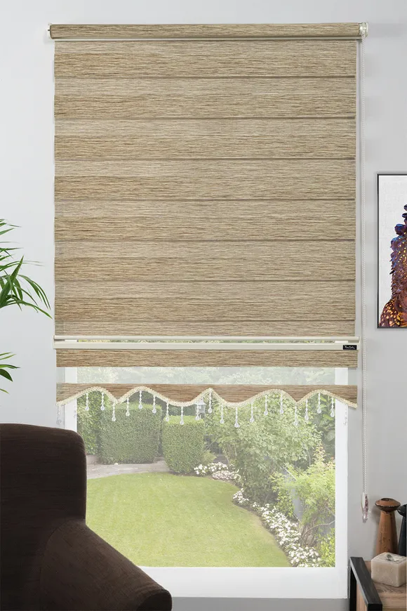 Dilimli Boncuklu Bambu Zebra Perde Ahşap