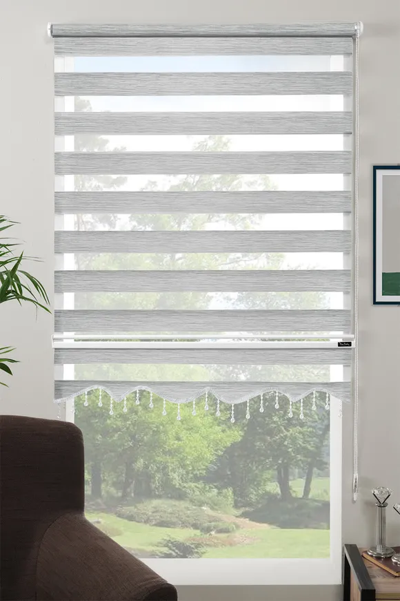 Dilimli Boncuklu Bambu Zebra Perde Gri