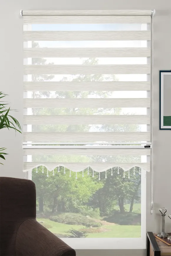 Dilimli Boncuklu Bambu Zebra Perde Krem