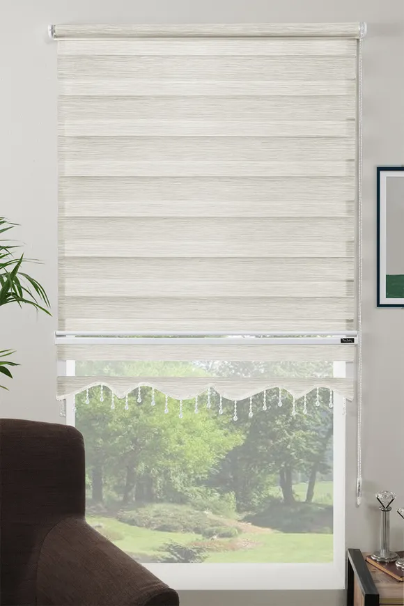 Dilimli Boncuklu Bambu Zebra Perde Krem