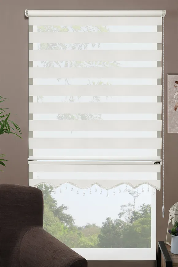 Dilimli Boncuklu Zebra Perde Krem
