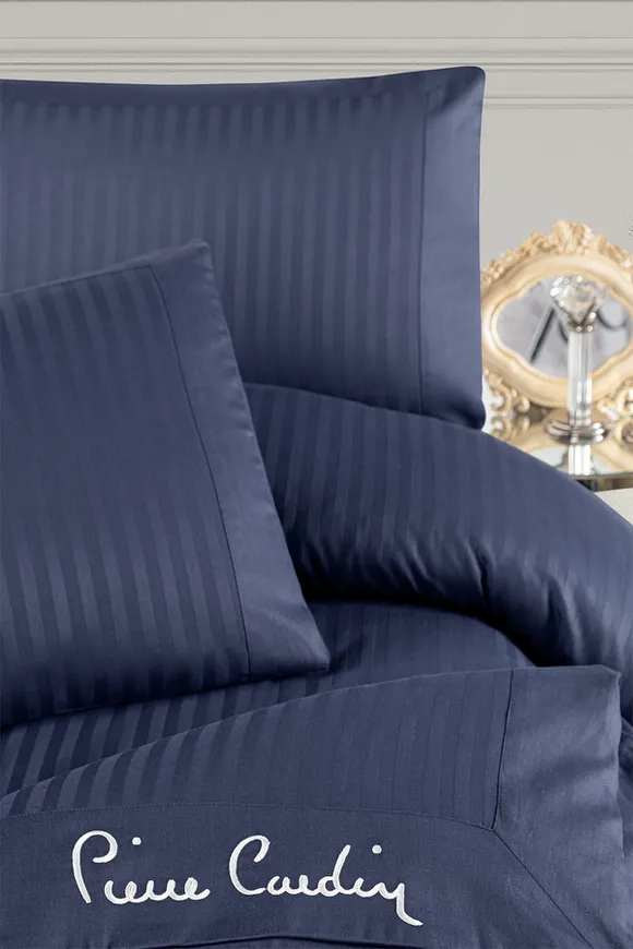 Pierre Cardin Çizgİli Saten Nevresim Takım Çift Kişilik Logo İndigo