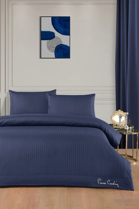 Pierre Cardin Çizgİli Saten Nevresim Takım Çift Kişilik Logo İndigo