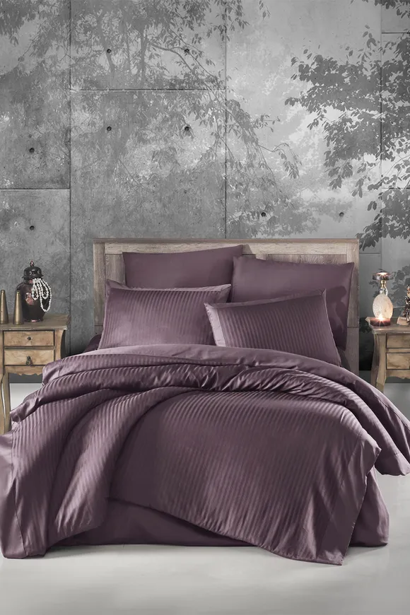 Pierre Cardin Çizgili Saten Nevresim Takımı Çift Kişilik Deco Rose