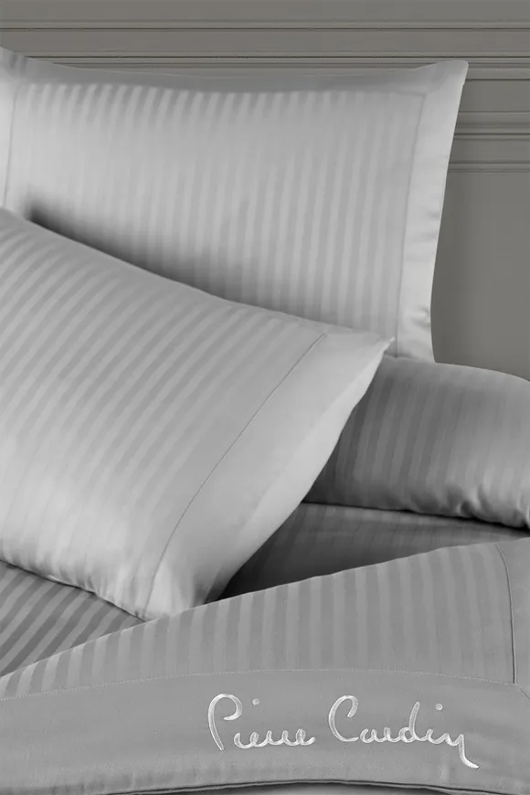 Pierre Cardin Çizgili Saten Nevresim Takımı Çift Kişilik Logo Gri