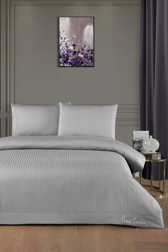 Pierre Cardin Çizgili Saten Nevresim Takımı Çift Kişilik Logo Gri