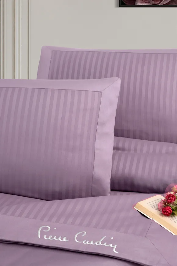 Pierre Cardin Çizgili Saten Nevresim Takımı Çift Kişilik Logo Kül Moru