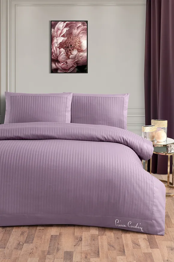 Pierre Cardin Çizgili Saten Nevresim Takımı Çift Kişilik Logo Kül Moru