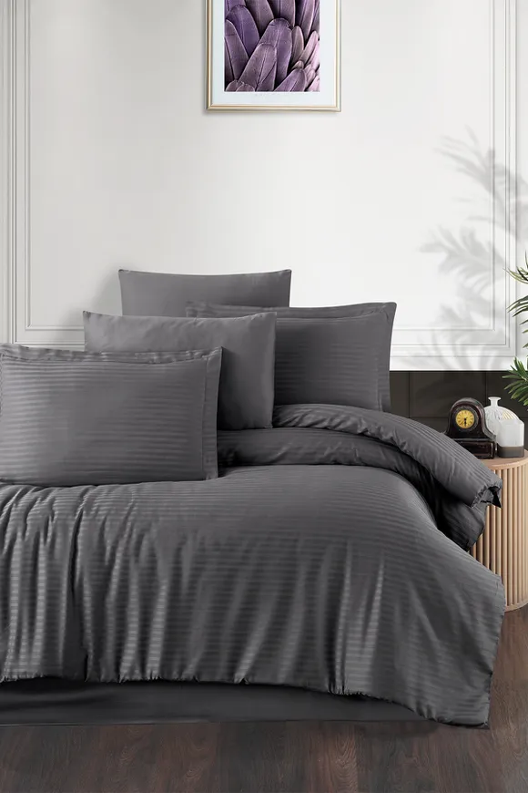 Pierre Cardin Çizgili Saten Nevresim Takımı Çift Kişilik Lunas Antrasit