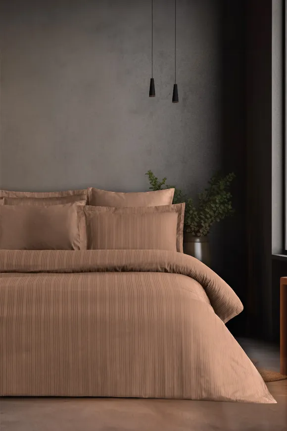 Pierre Cardin Çizgili Saten Nevresim Takımı Çift Kişilik Voyage Bronze