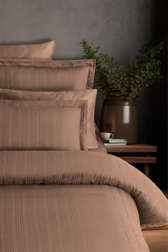 Pierre Cardin Çizgili Saten Nevresim Takımı Çift Kişilik Voyage Bronze