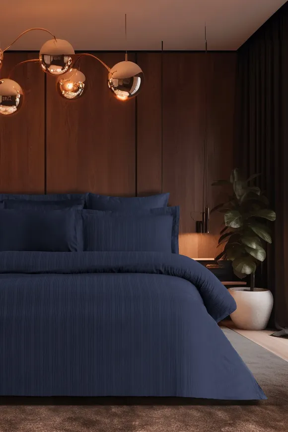 Pierre Cardin Çizgili Saten Nevresim Takımı Çift Kişilik Voyage İndigo