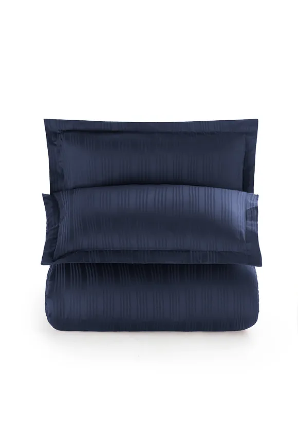 Pierre Cardin Çizgili Saten Nevresim Takımı Çift Kişilik Voyage İndigo