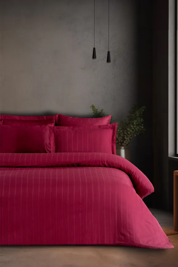 Pierre Cardin Çizgili Saten Nevresim Takımı Çift Kişilik Voyage Mürdüm 