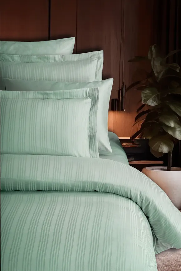 Pierre Cardin Çizgili Saten Nevresim Takımı Çift Kişilik Voyage Su Yeşili