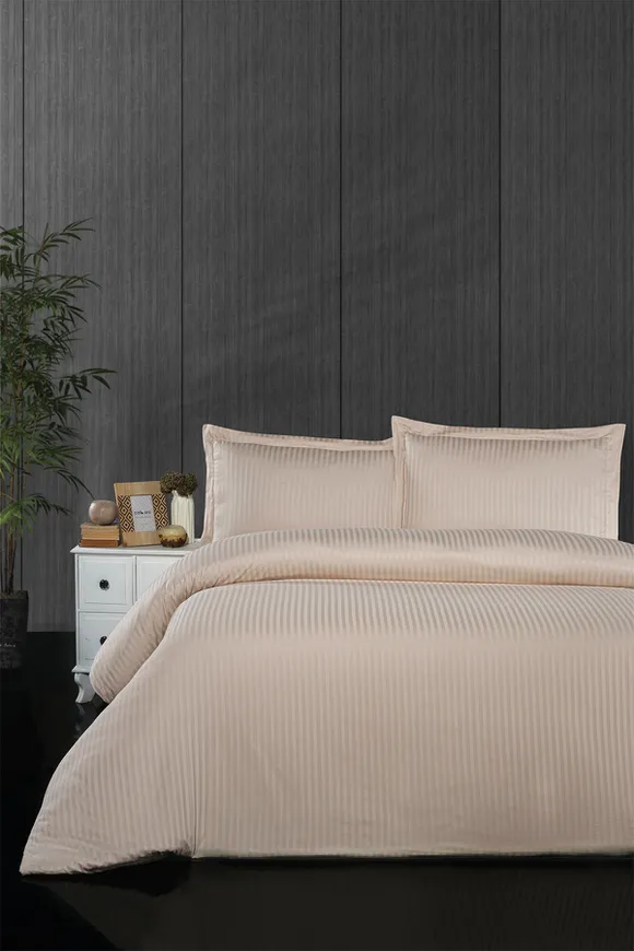 Pierre Cardin Çizgili Saten Nevresim Takımı Luna Bej