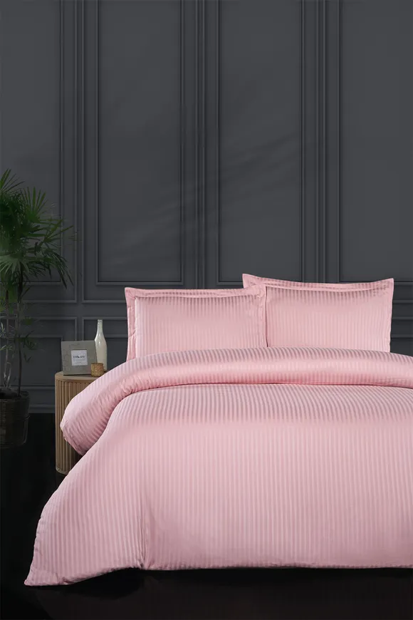 Pierre Cardin Çizgili Saten Nevresim Takımı Luna Pudra
