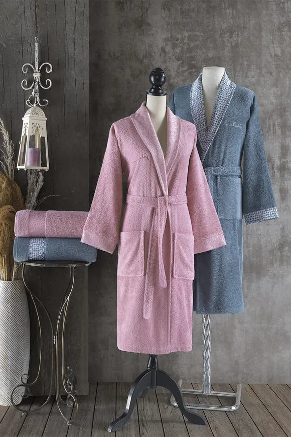 Pierre Cardin Damask Jakarlı 4 Parça Aile Bornoz Seti Deco Rose - İndigo
