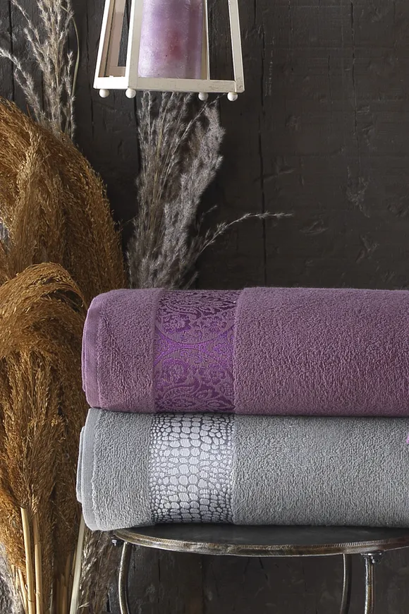 Pierre Cardin Damask Jakarlı 4 Parça Aile Bornoz Seti Mürdüm - Gri