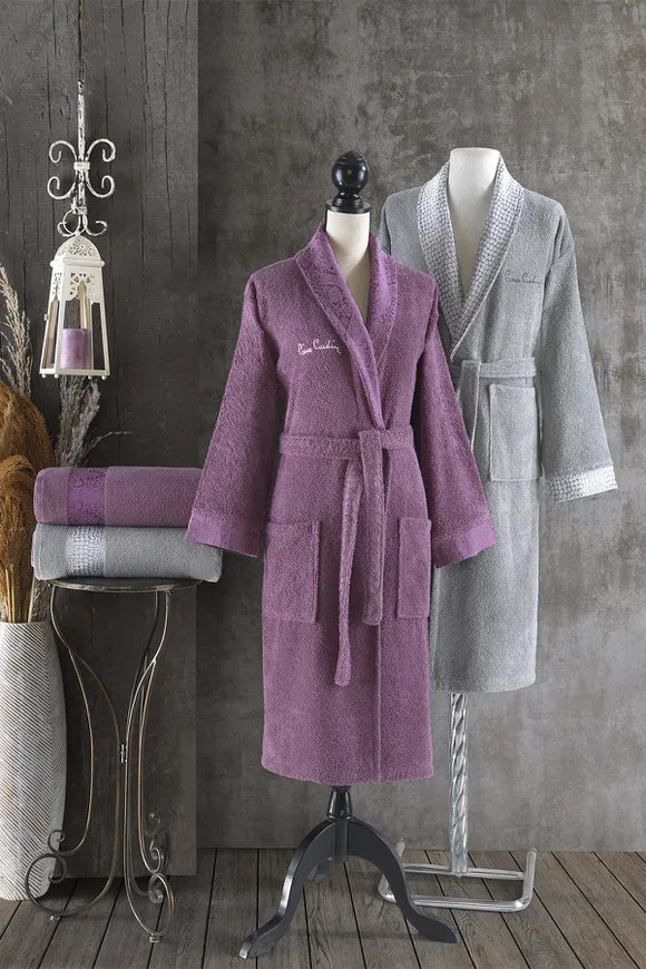 Pierre Cardin Damask Jakarlı 4 Parça Aile Bornoz Seti Mürdüm - Gri