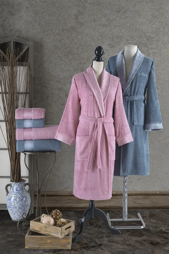Pierre Cardin Damask Jakarlı Aile Bornoz Seti Deco Rose - İndigo