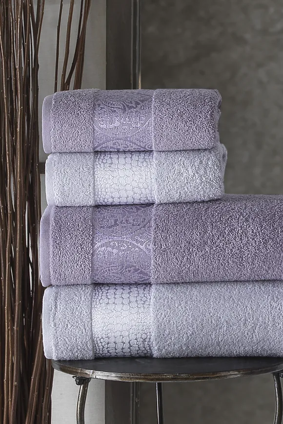 Pierre Cardin Damask Jakarlı Aile Bornoz Seti Lila - Açık Gri