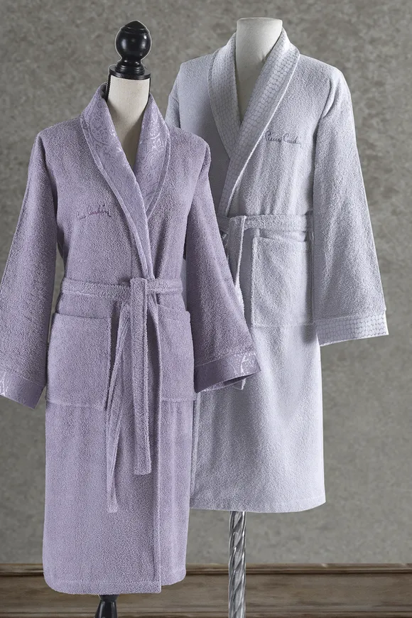 Pierre Cardin Damask Jakarlı Aile Bornoz Seti Lila - Açık Gri