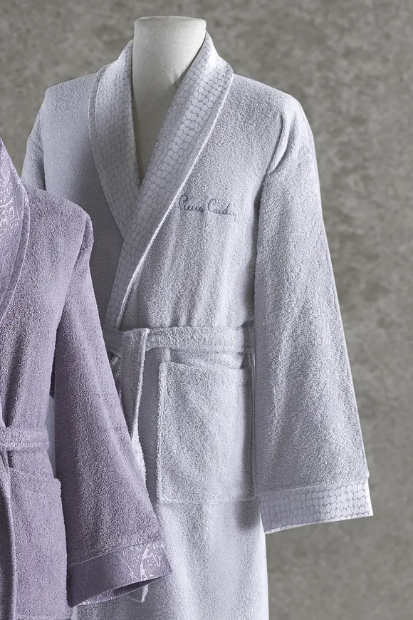 Pierre Cardin Damask Jakarlı Aile Bornoz Seti Lila - Açık Gri