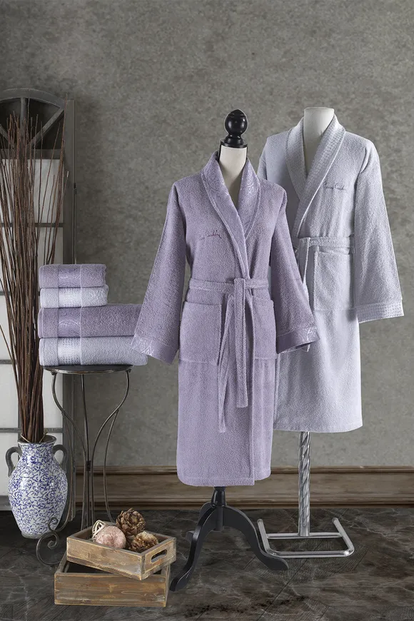 Pierre Cardin Damask Jakarlı Aile Bornoz Seti Lila - Açık Gri